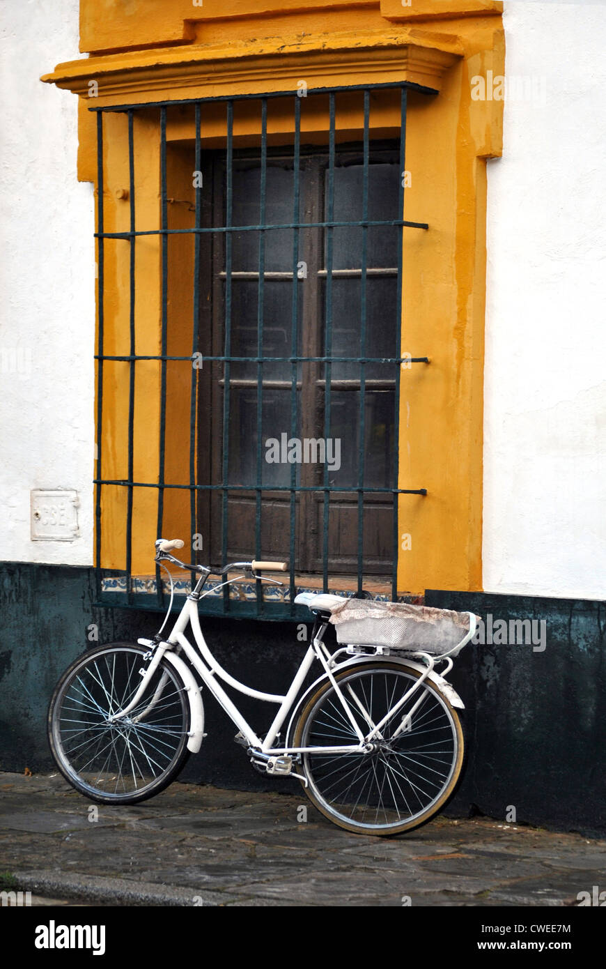 Bicycle basket to carry things in Seville, Bicicleta de paseo con cesto para llevar cosas aparcada en una calle  de Sevilla Stock Photo