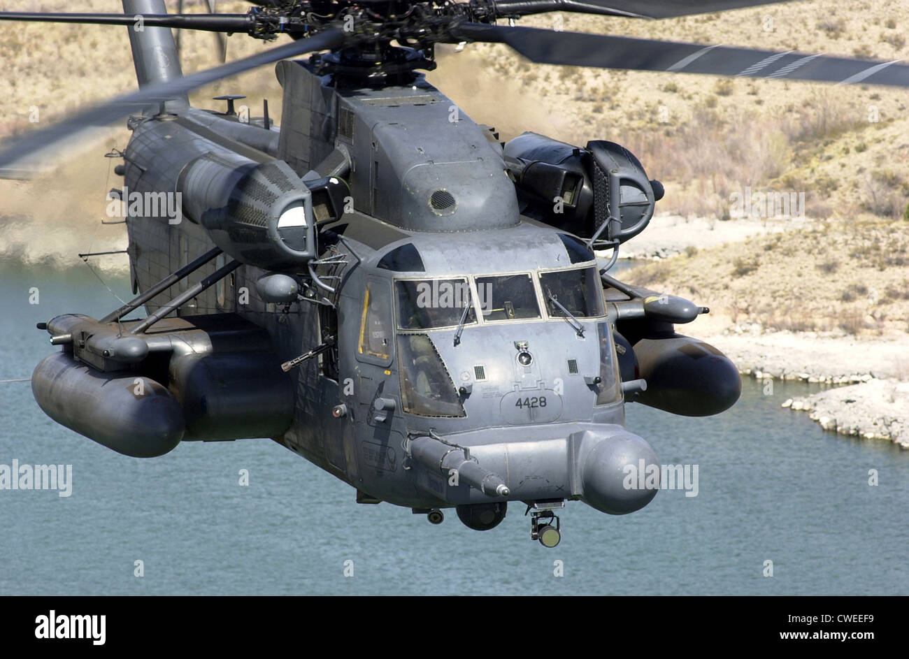 The MH-53J Pave Low III heavy-lift helicopter flies a training mission March 24, 2000 near Kirtland Air Force Base, New Mexico. It is the largest, most powerful and technologically advanced helicopter in the Air Force inventory. Stock Photo