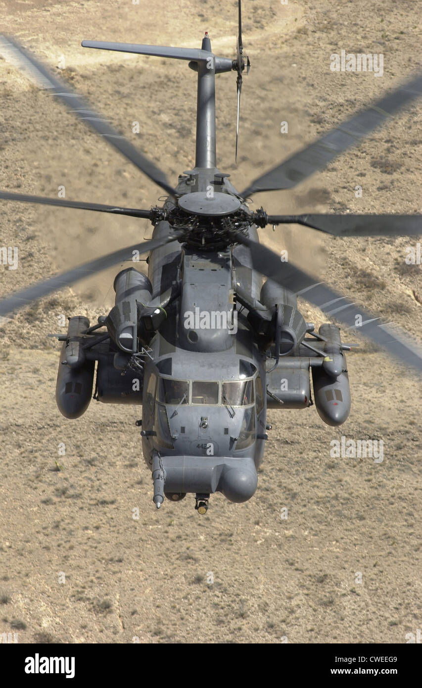 The MH-53J Pave Low III heavy-lift helicopter flies a training mission March 24, 2000 near Kirtland Air Force Base, New Mexico. It is the largest, most powerful and technologically advanced helicopter in the Air Force inventory. Stock Photo