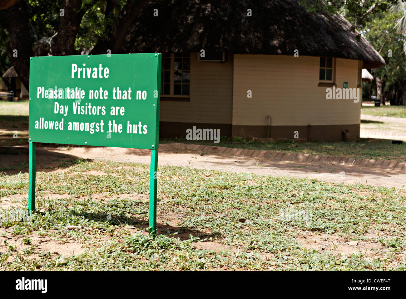 No day visitors allowed sign in the Letaba Camp, Kruger National Park, South Africa Stock Photo
