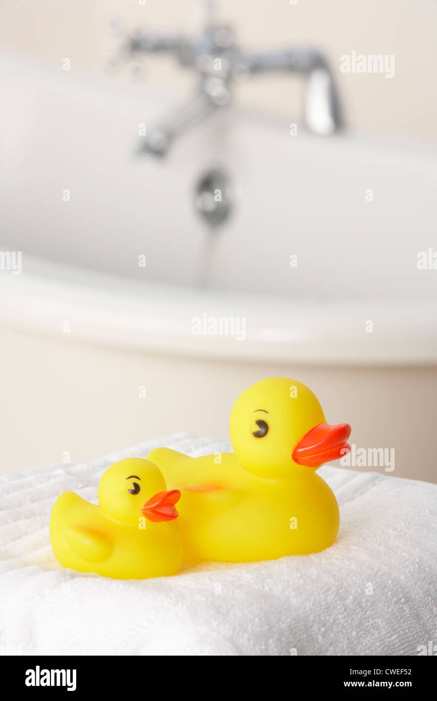 Rubber ducks in bathroom Stock Photo