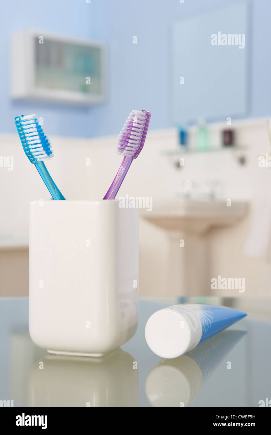 Toothbrushes and toothpaste Stock Photo Alamy