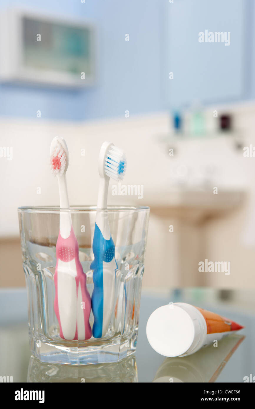 Toothbrushes and toothpaste Stock Photo