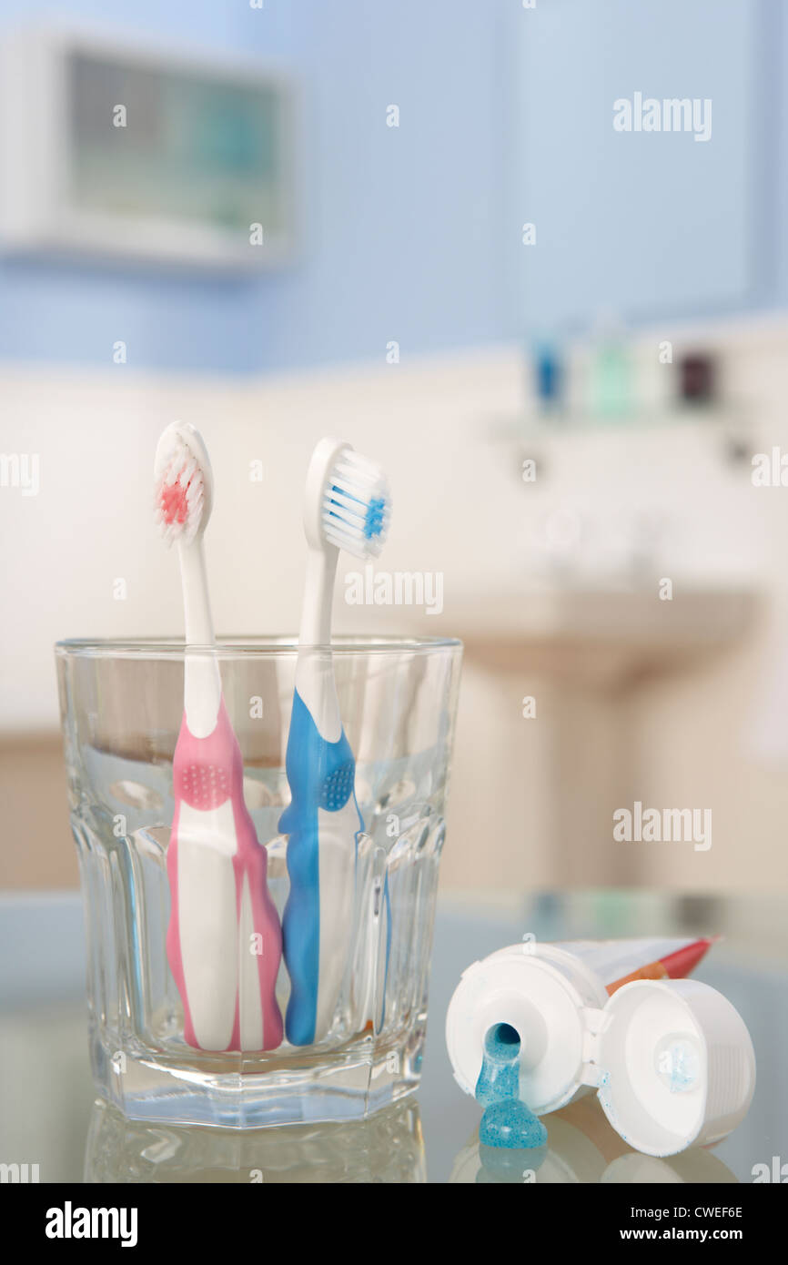 Toothbrushes and toothpaste Stock Photo