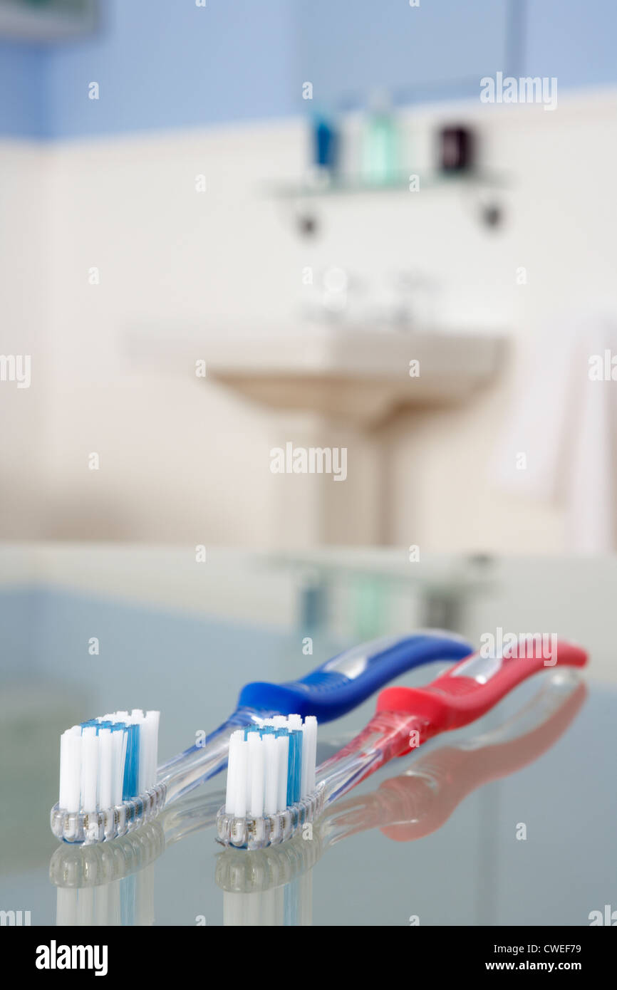 Toothbrushes in bathroom Stock Photo Alamy