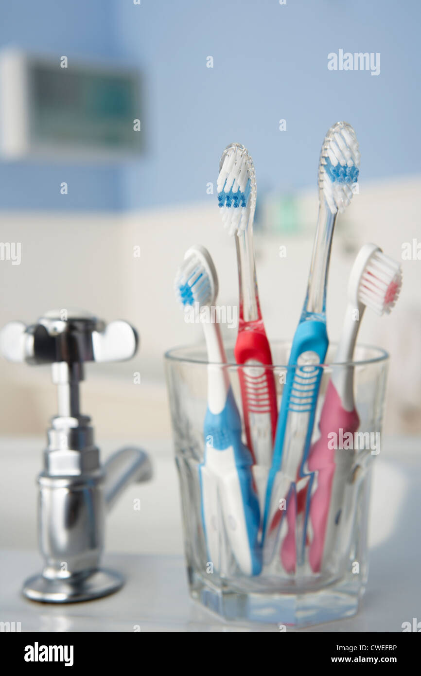 Toothbrushes in bathroom Stock Photo Alamy