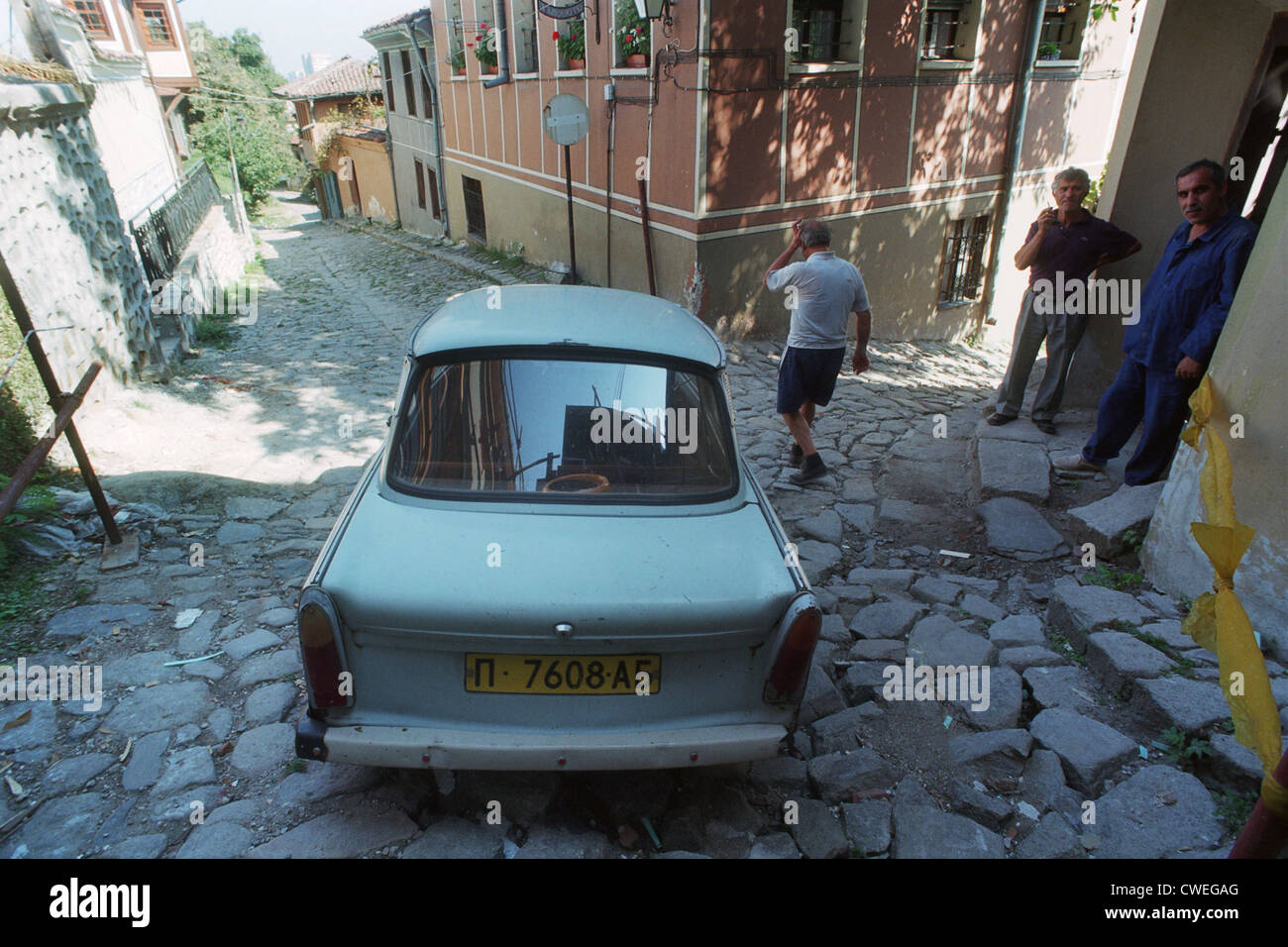 A Trabi in the old town of Plovdiv, Bulgaria Stock Photo