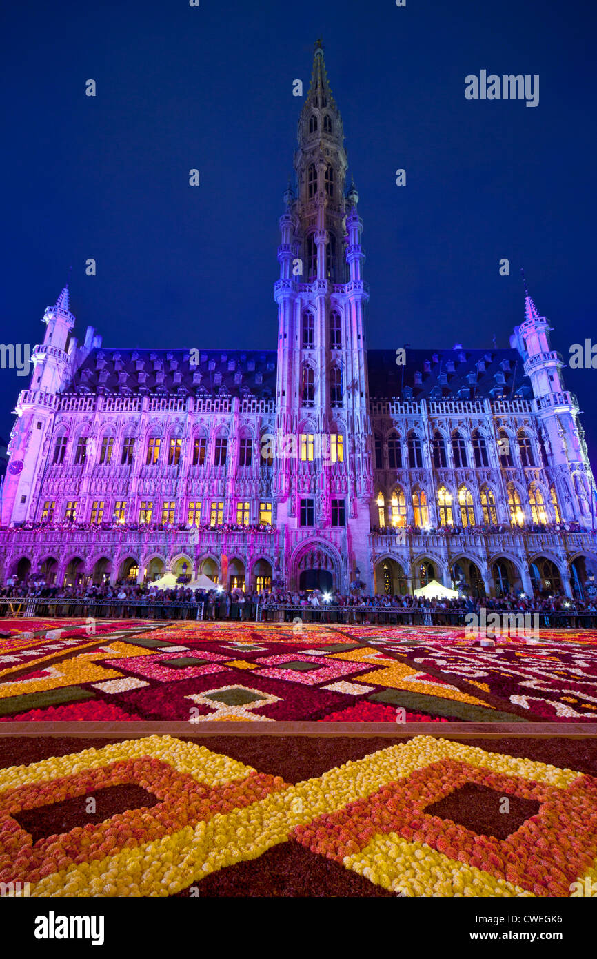 Light Show on Opening of 2012 Flower Carpet, Tapis de Fleurs, in front of the City Hall in the Grand-Place, Brussels Stock Photo