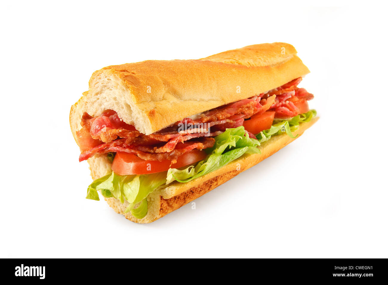 A BLT Sub roll made with Bacon, lettuce, tomato and mayo in a french bread roll Stock Photo
