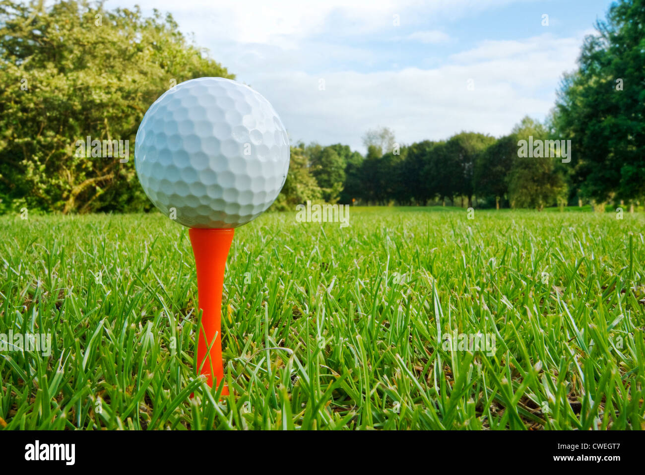 Golf ball on tee with fairway, golf course and flag in distance Stock Photo
