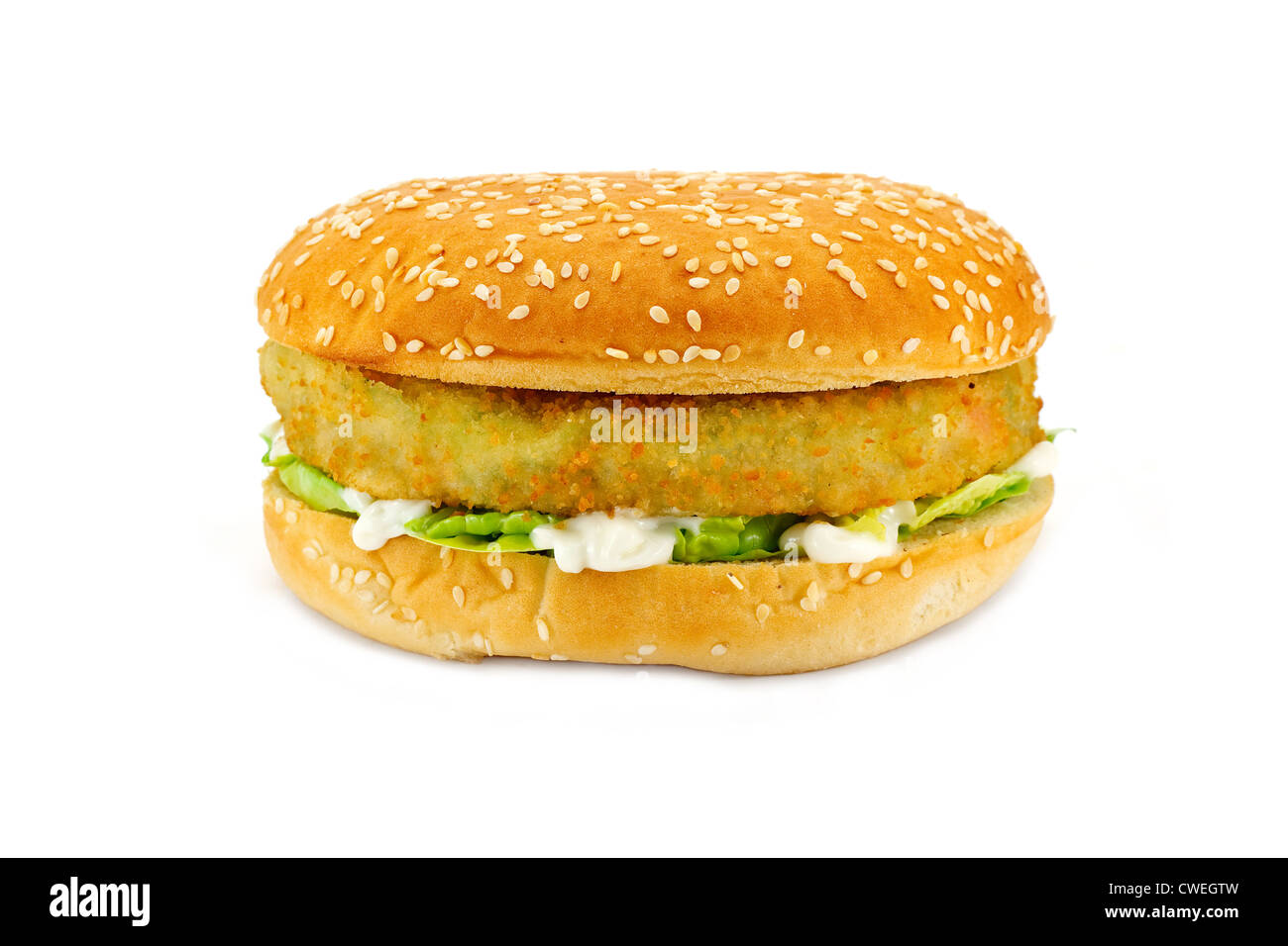 Breadcrumbed vegetarian or veggie burger, could also be used for chicken burger or fish burger Stock Photo