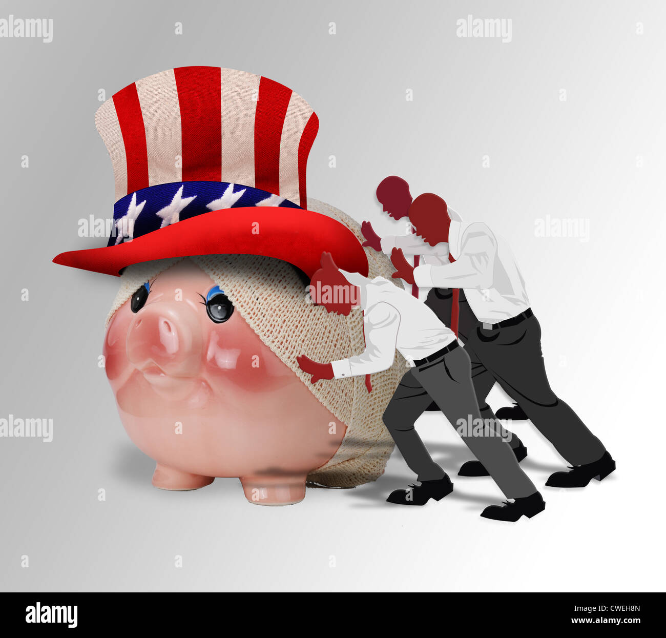 Men pushing sick piggy bank. Stock Photo