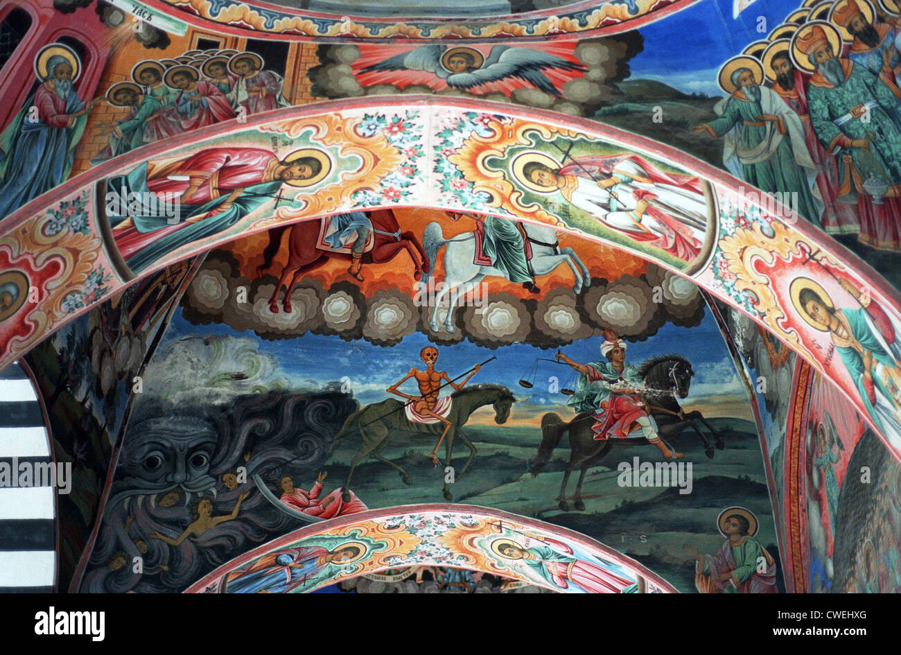 Fresco of the four apocalyptic horsemen in the Rila Monastery, Bulgaria e landmark Stock Photo