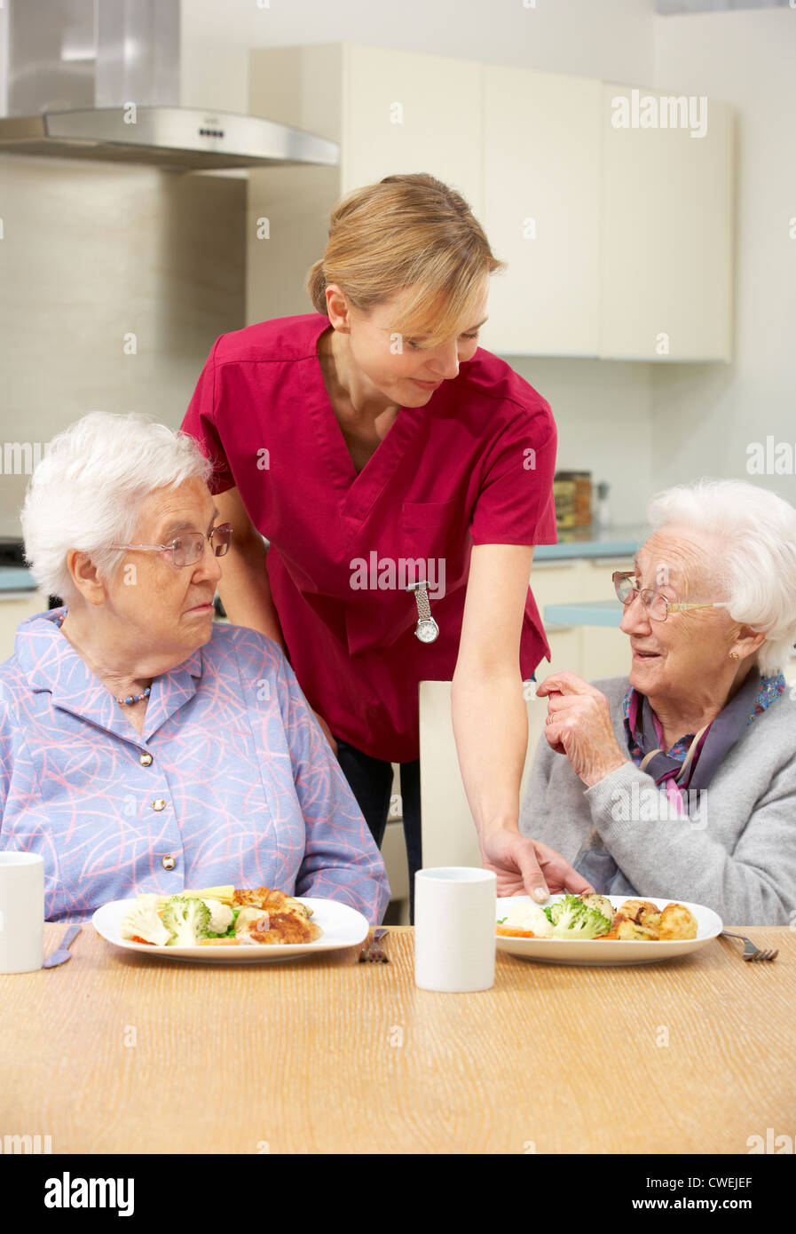 Senior women with carer enjoying meal at home Stock Photo