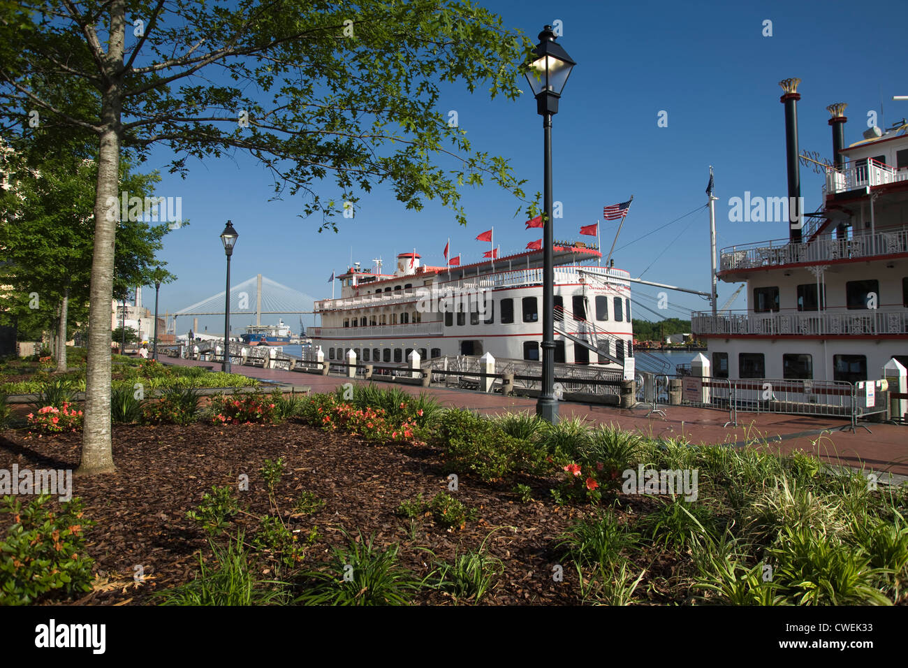 PADDLE STEAMER BOATS MOORED AT JETTY RIVER WALK SAVANNAH RIVER SAVANNAH