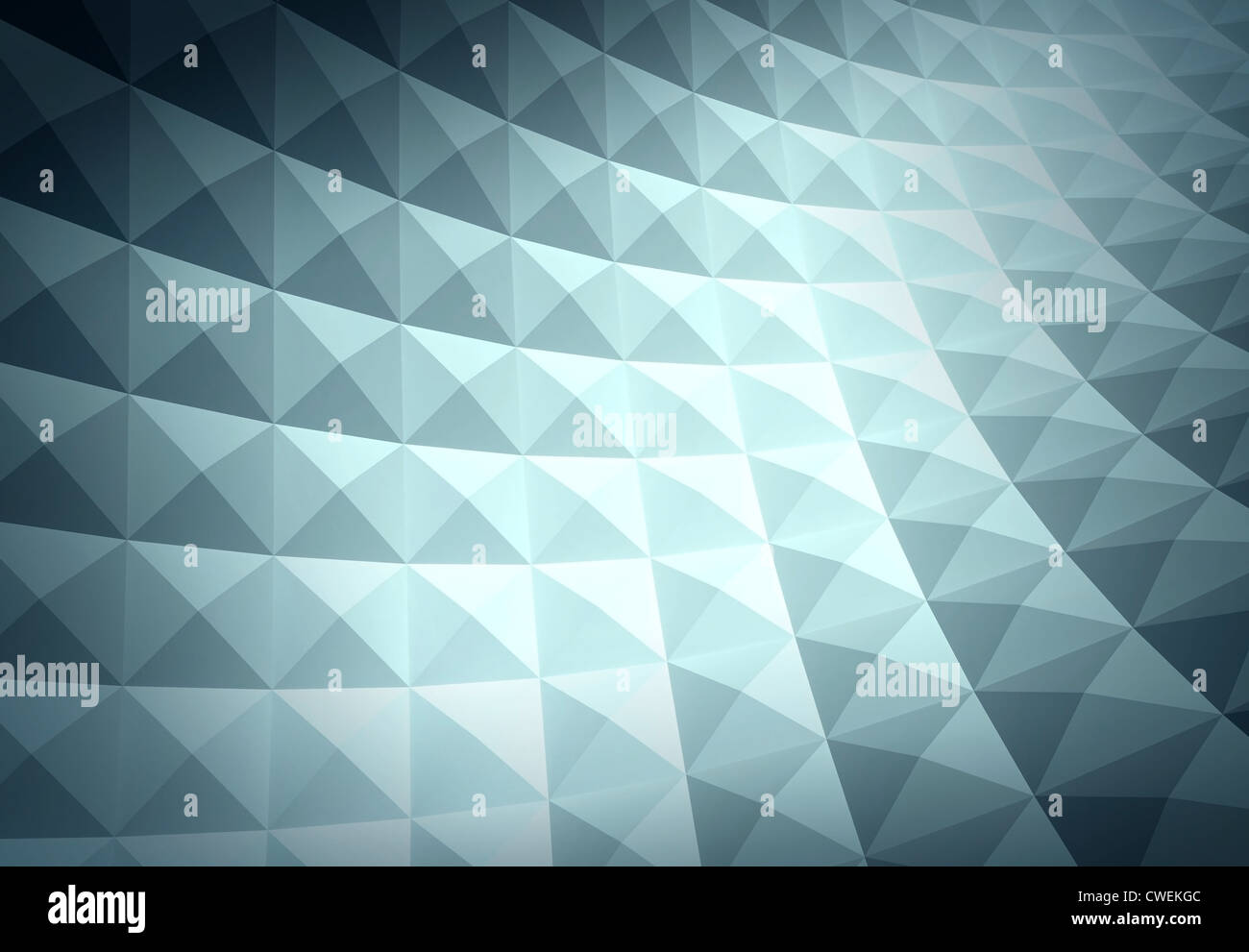 3d abstract geometric background. Blue shining bright square pyramidal cellular curved surface Stock Photo