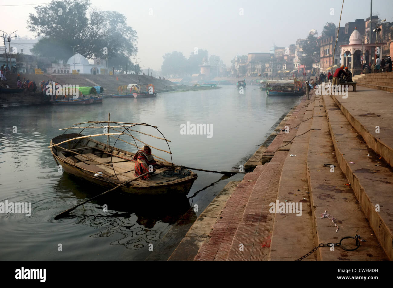 A boatman waits for a client in Chitrakoot, India. Stock Photo