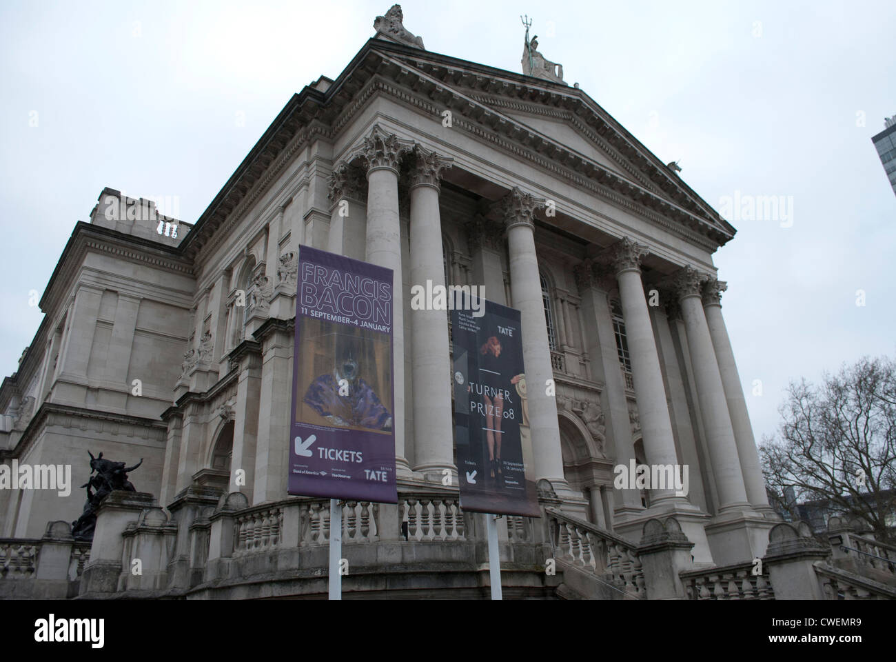 The front of Tate Britain art gallery with sign for Francis Bacon exhibition Stock Photo