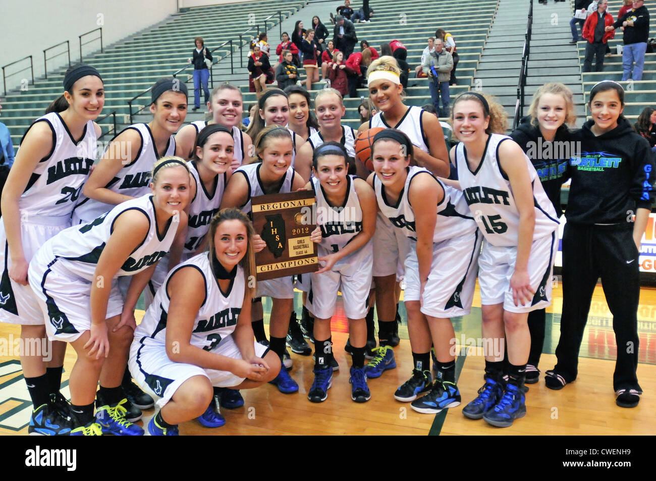 Basketball team pictured after winning a high school regional playoff championship. USA. Stock Photo