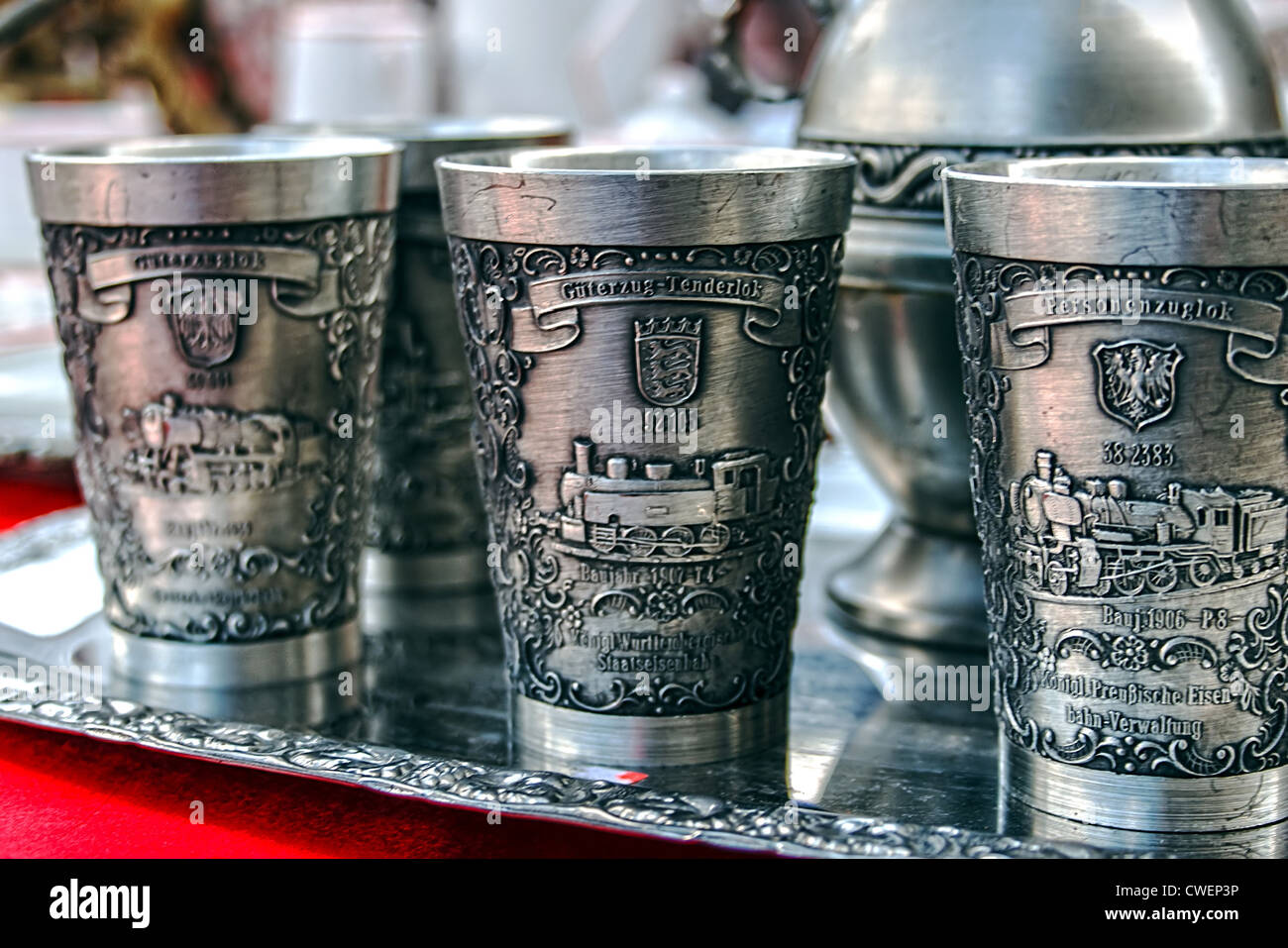 Medieval bronze glasses presented in a fair with antiques Stock Photo
