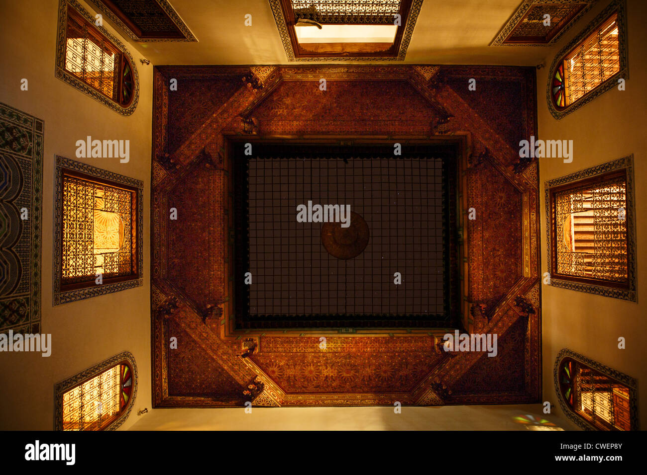 July 2012 Interior couryard at night, Riad Idrissy, Sieje, Sidi Ahmed Chaoui, Medina, Fez, Morocco Stock Photo