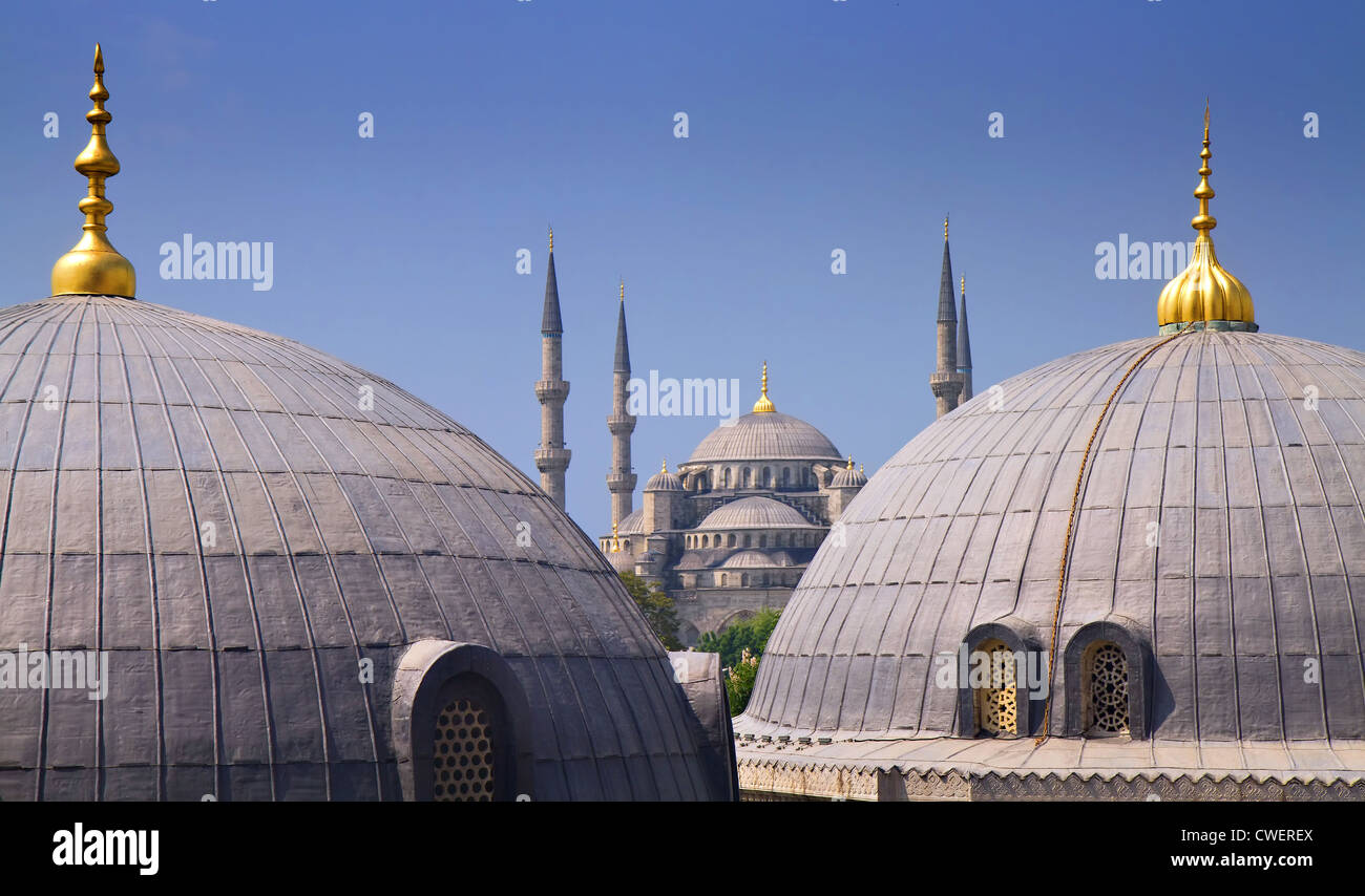 Blue mosque with Domes of the Hagia Sophia in the foreground, Istanbul