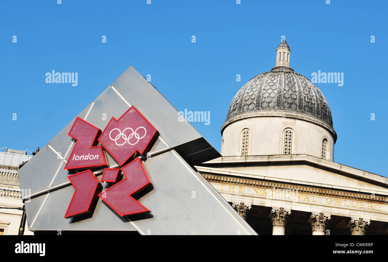 London, UK - 18 Nov, 2011: London Olympics 2012 official logo against the old architecture of National Gallery in Trafalgar Sq Stock Photo