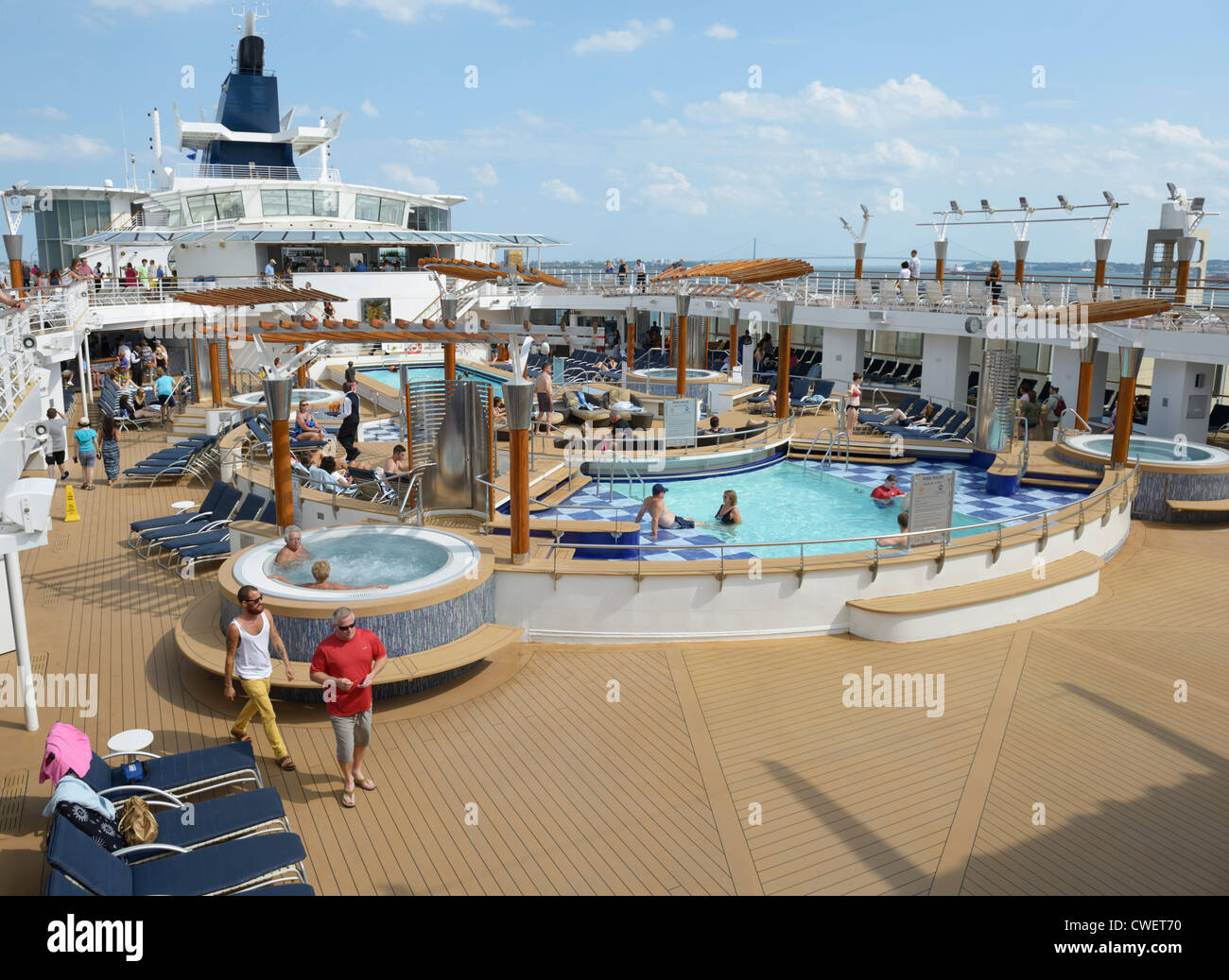 Upper deck of cruise ship Stock Photo