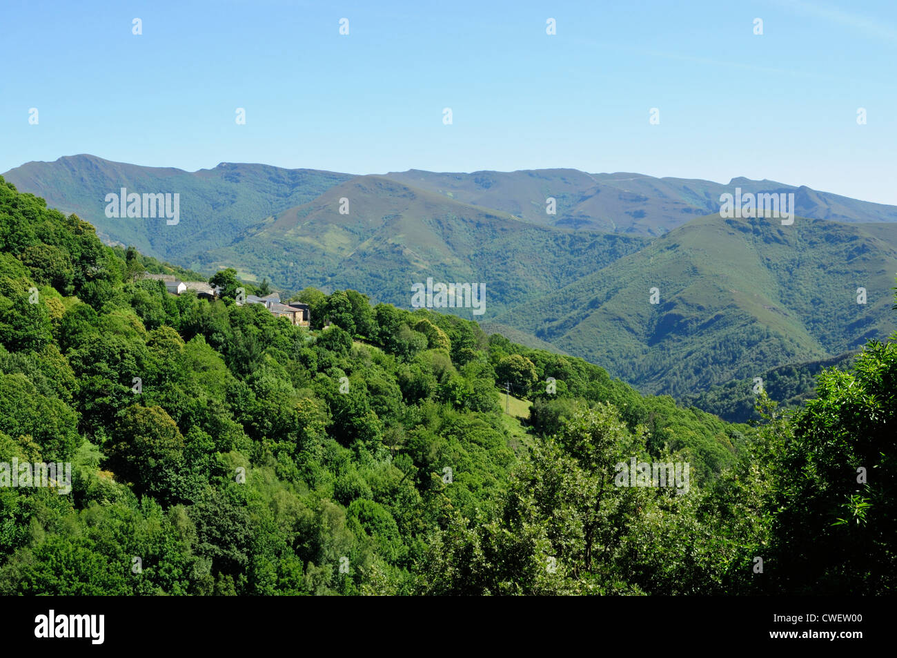 Village of Meiraos and landscape of the Courel mountain range. Lugo, Galicia, Spain Stock Photo