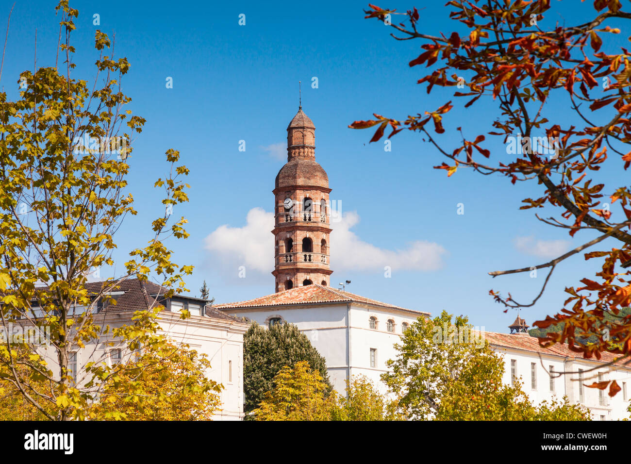 Cahors, Midi-Pyrenees, France, the Lycee Tower, with autumn foliage. Stock Photo