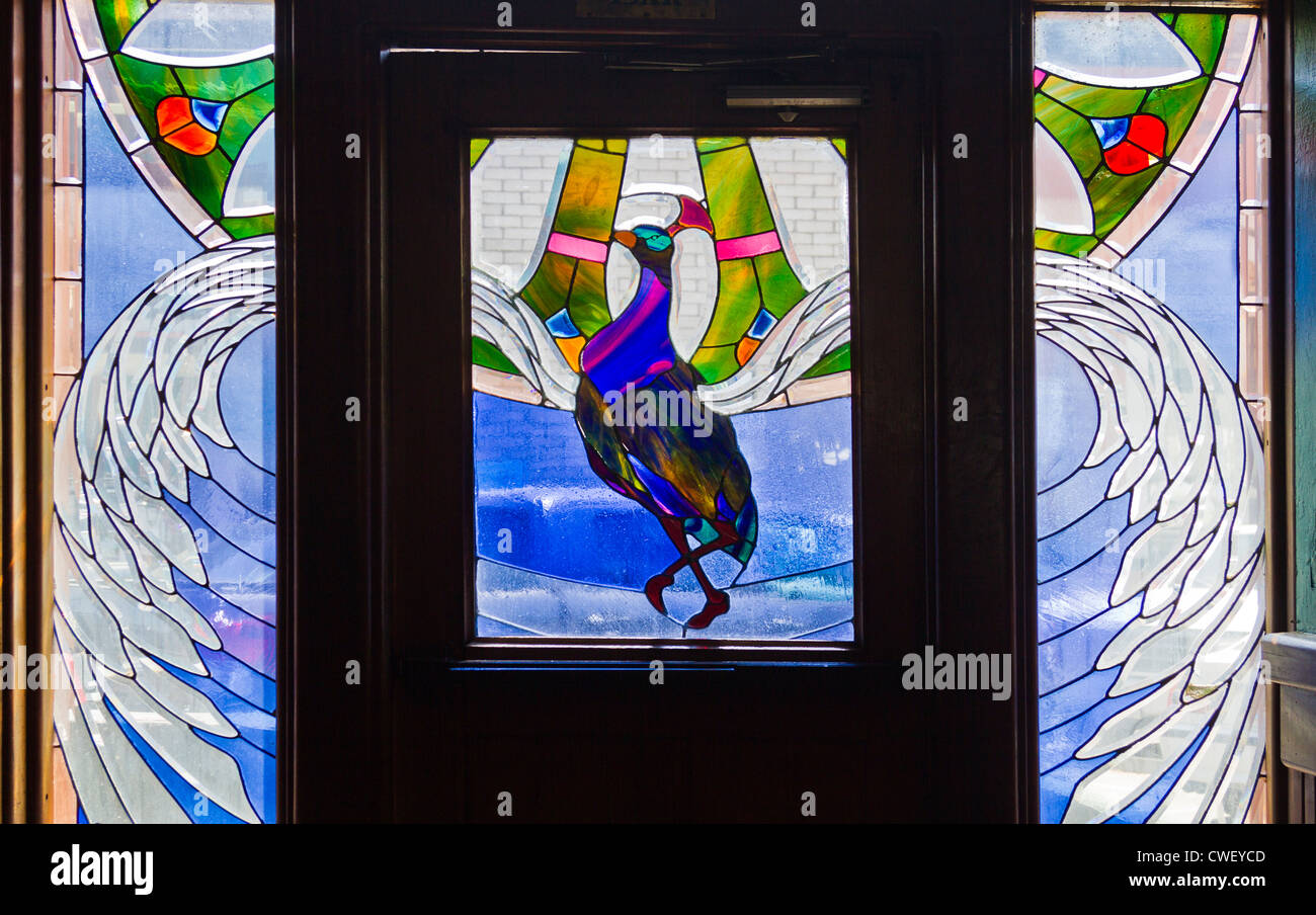 A Stained Glass window viewed from inside Carry Nation's bar in Los Gatos, California Stock