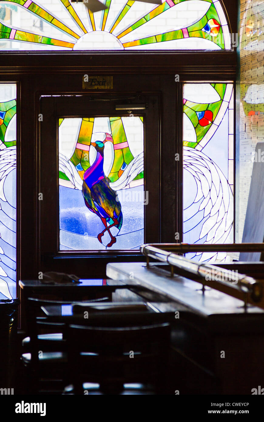 A Stained Glass window viewed from inside Carry Nation's bar in Los Gatos, California Stock