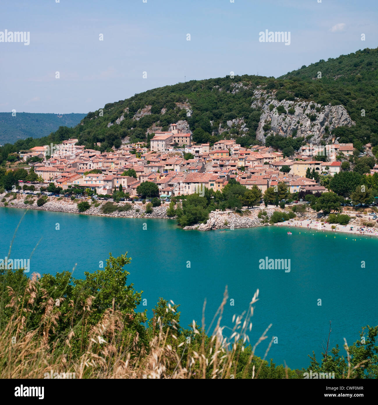 The traditional Provence village of Bauduen on a hillside overlooking the Lac de Sainte Croix in southern France Stock Photo