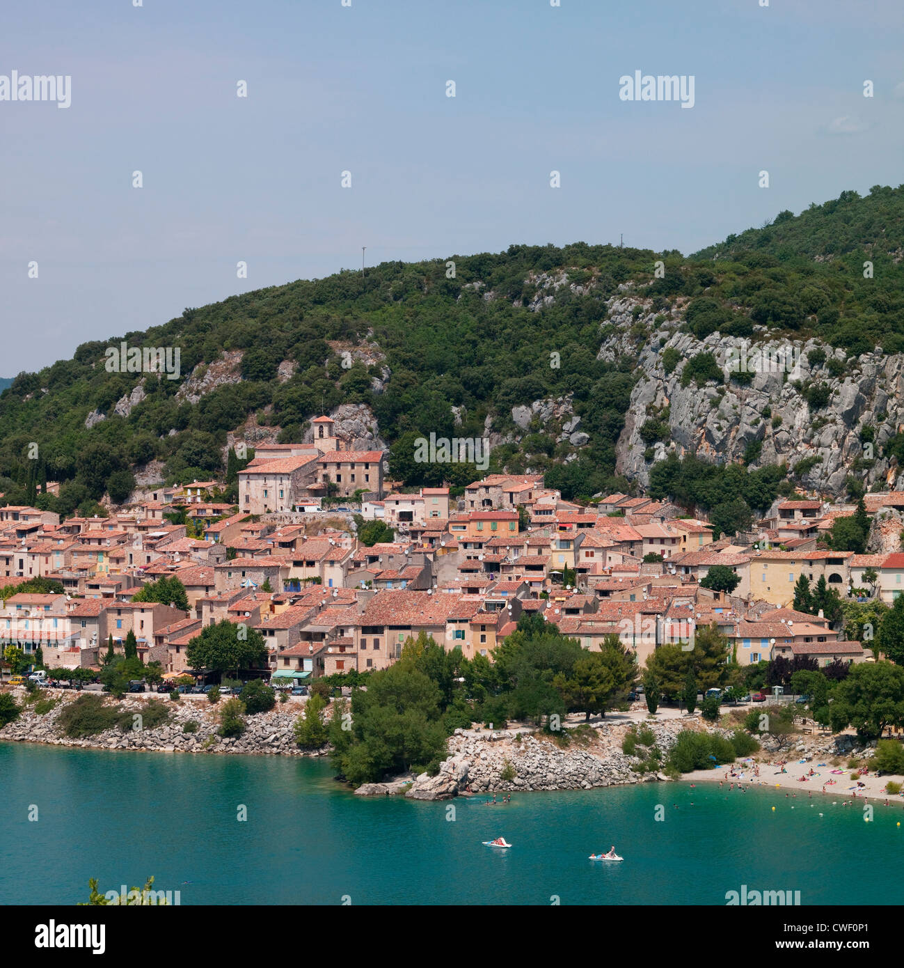 The Provence village of Bauduen on a hillside overlooking the Lac de Sainte Croix in southern France Stock Photo