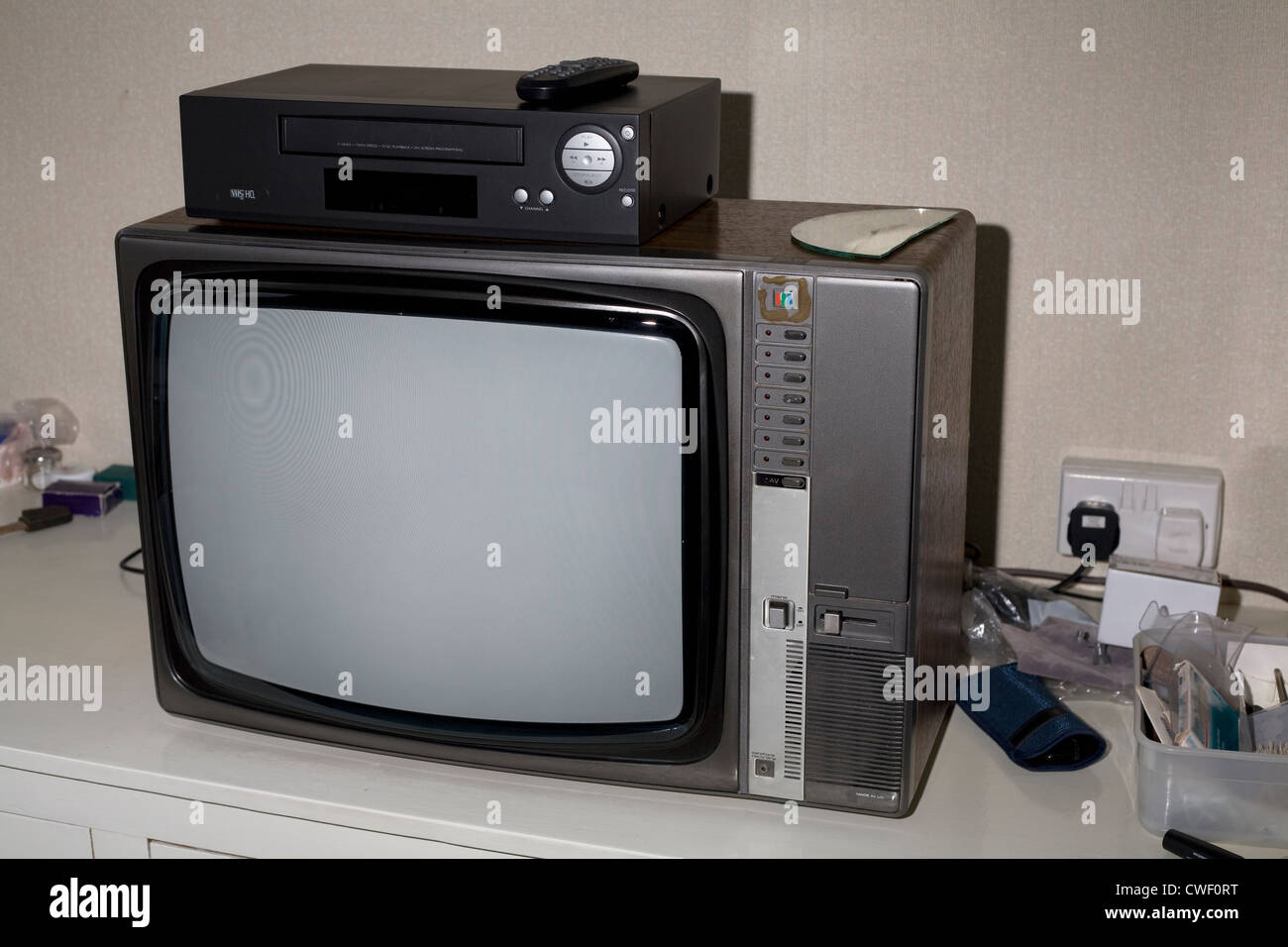 An old analogue television with video player and recorder Stock Photo