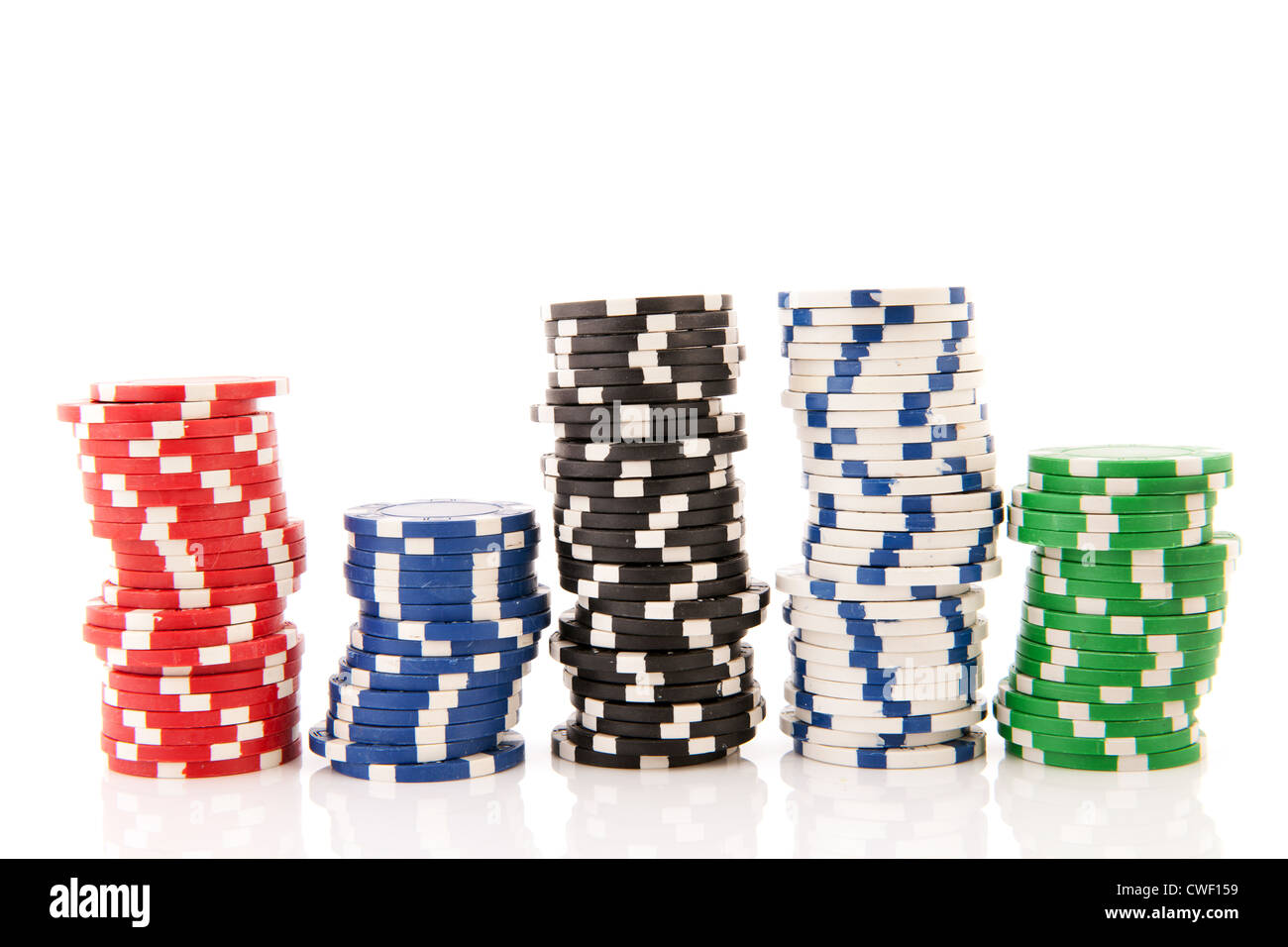 Five Stacks Colorful Poker Chips Isolated Over White Background Stock Photo Alamy