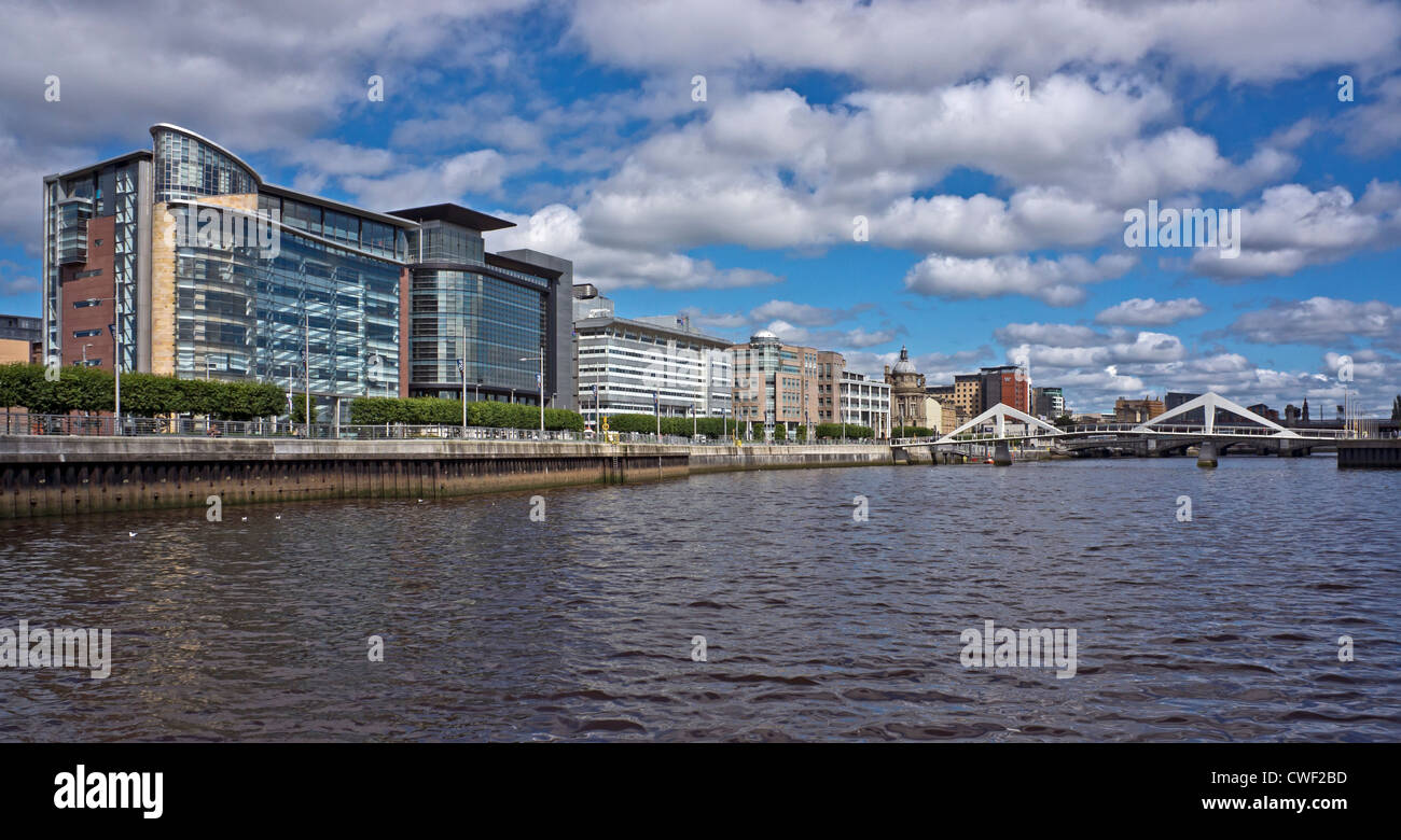 200 and 150 Broomielaw & BT building Atlantic Quay (L to middle) on the River Clyde in Glasgow with Tradeston Bridge right. Stock Photo