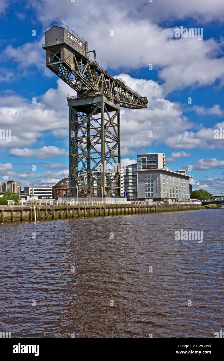 Iconic River Clyde Finnieston Crane and Hilton Garden Inn at Finnieston Quay in Glasgow Stock Photo