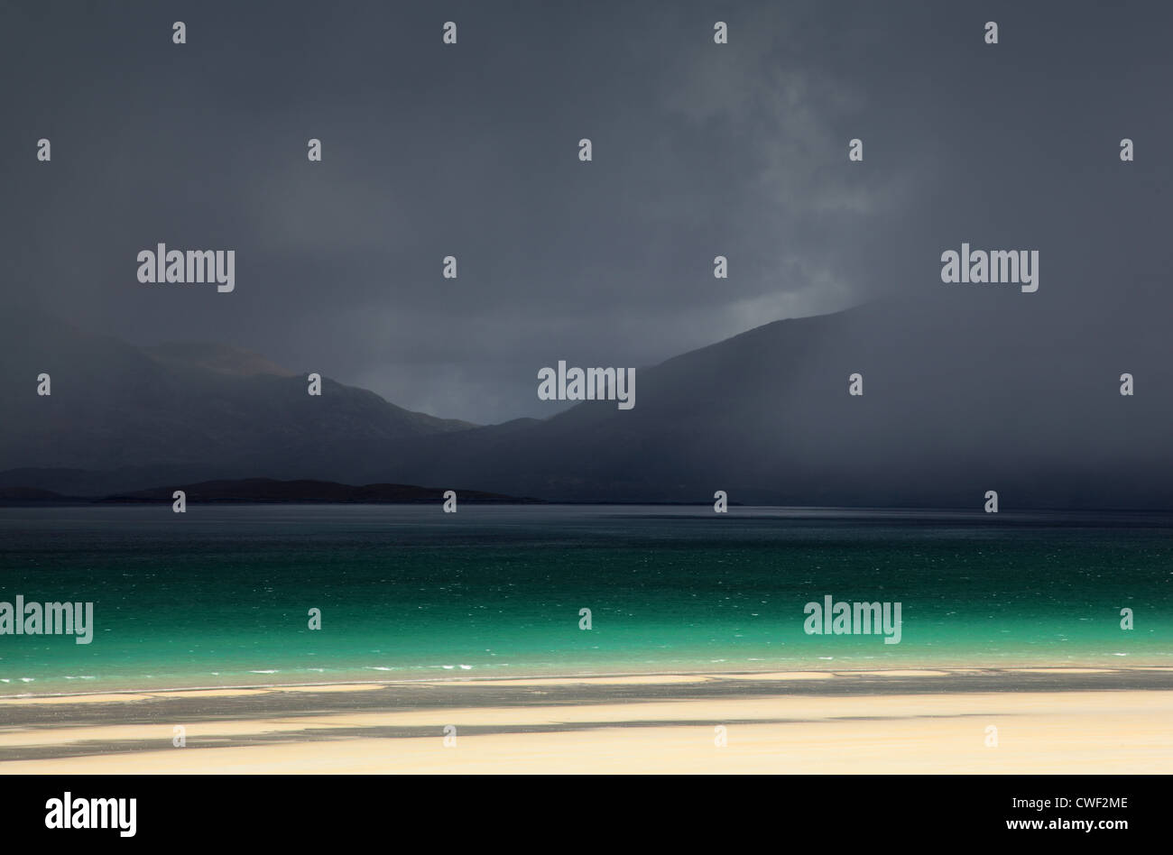 Hail approaching Traigh Rosamol on Harris in the Western Isles, Outer Hebrides Stock Photo