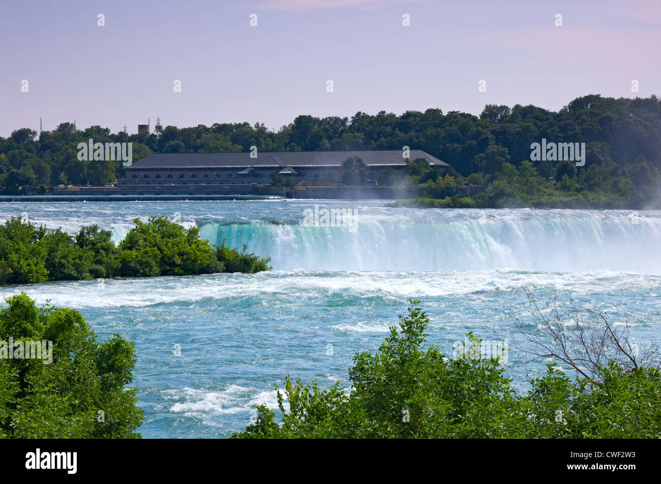 Rankine or Canadian Niagara Power Station and Horseshoe Falls at Queen Victoria Park of Niagara Falls in Ontario Canada Stock Photo