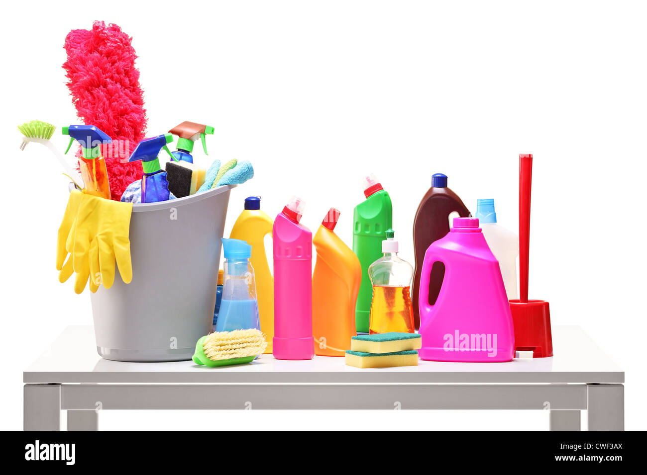 Bucket Of Cleaning Supplies On Isolated White Background