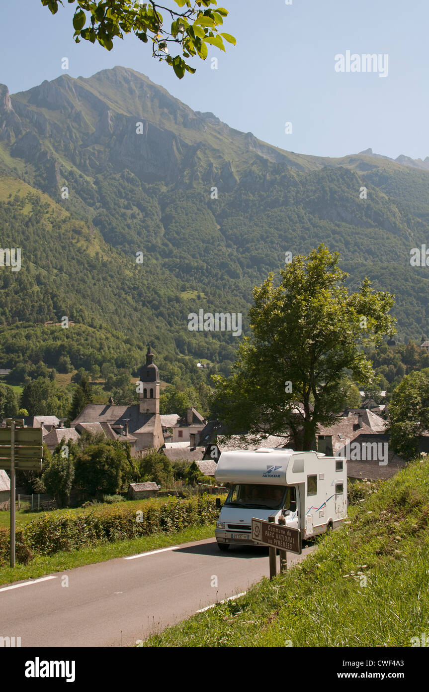 Village of Arrens - Marsous in the Val d' Azun southwest France camper vehicle travelling through this small French village Stock Photo
