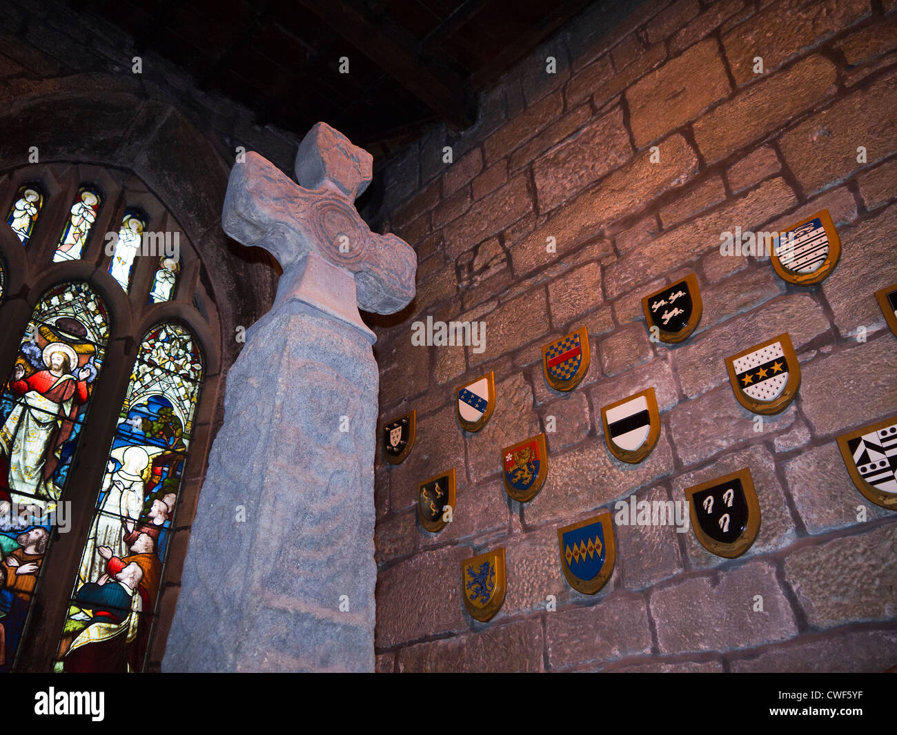 Stained Glass Windows And Saxon Cross In All Saints Parish Church In Stock Photo Alamy