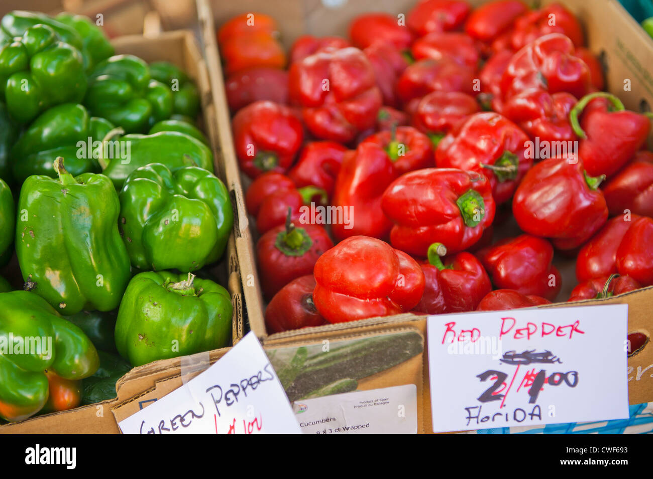 Red & green peppers at a local farmers market Stock Photo