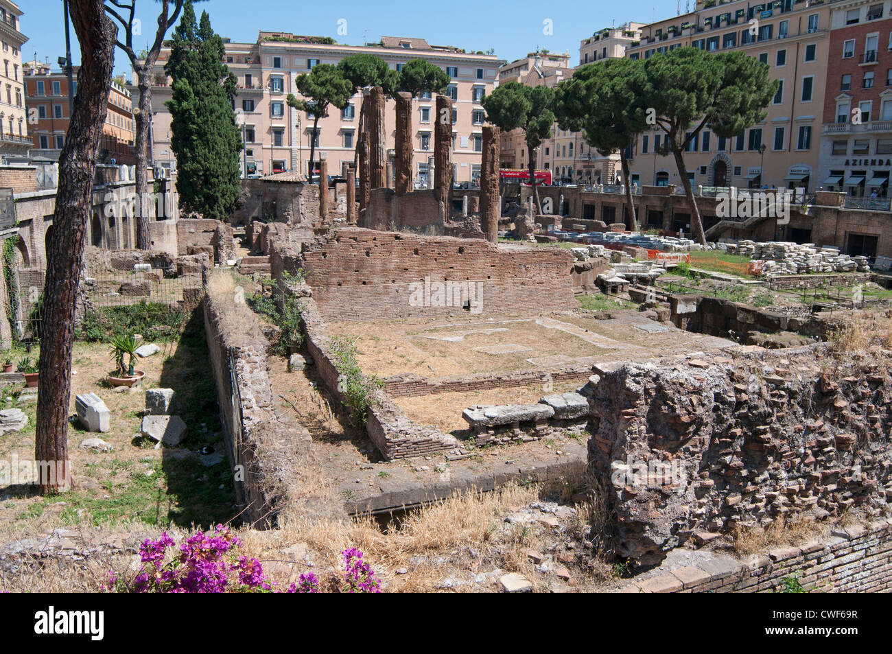 Aedes Fortunae Huiusce in the background of Largo di Torre Argentina which is a square in Rome, Italy Stock Photo