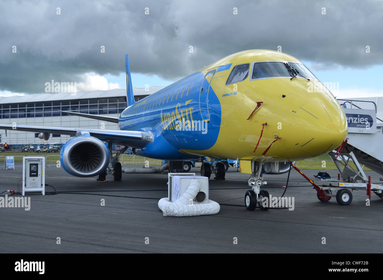 Embraer ERJ-190-100 in the colours of Aerosvit Ukrainian Airlines on display at Farnborough International Airshow 2012 Stock Photo