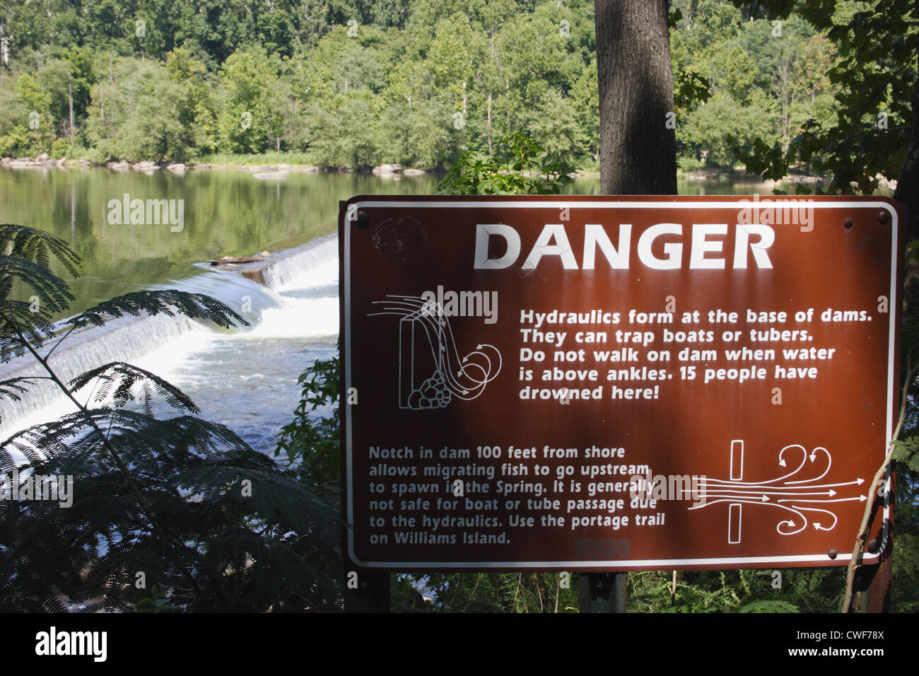 Sign warning of hazardous hydraulics at dam on the James River in Richmond, Virginia, USA Stock Photo