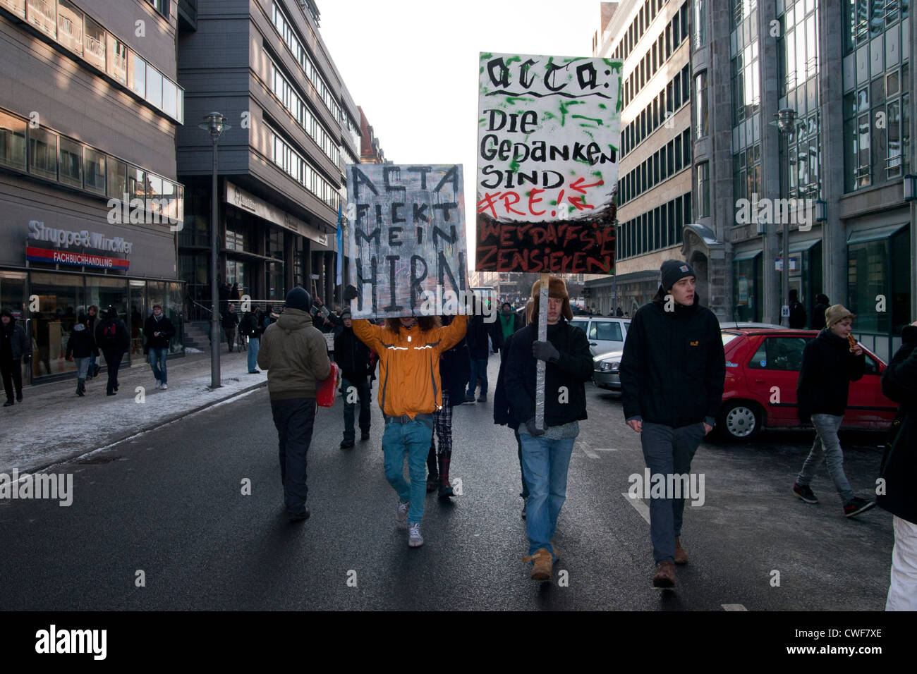 Anti Acta demonstration in Berlin. Protesters hold signs. Stock Photo