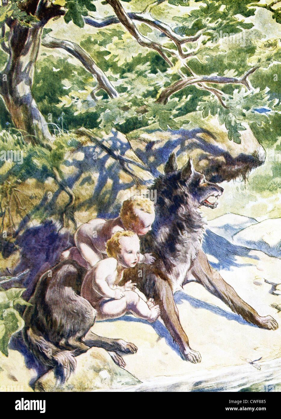 A she-wolf finds and suckles the twin boys Romulus and Remus, as shown here. Stock Photo