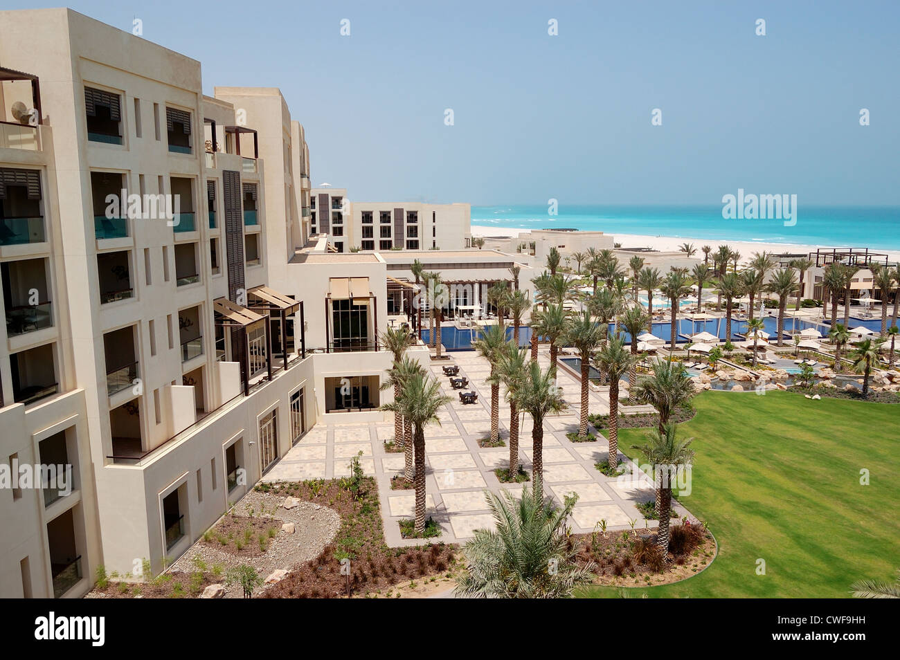 Swimming pools and beach at the luxury hotel, Saadiyat island, Abu Dhabi, UAE Stock Photo